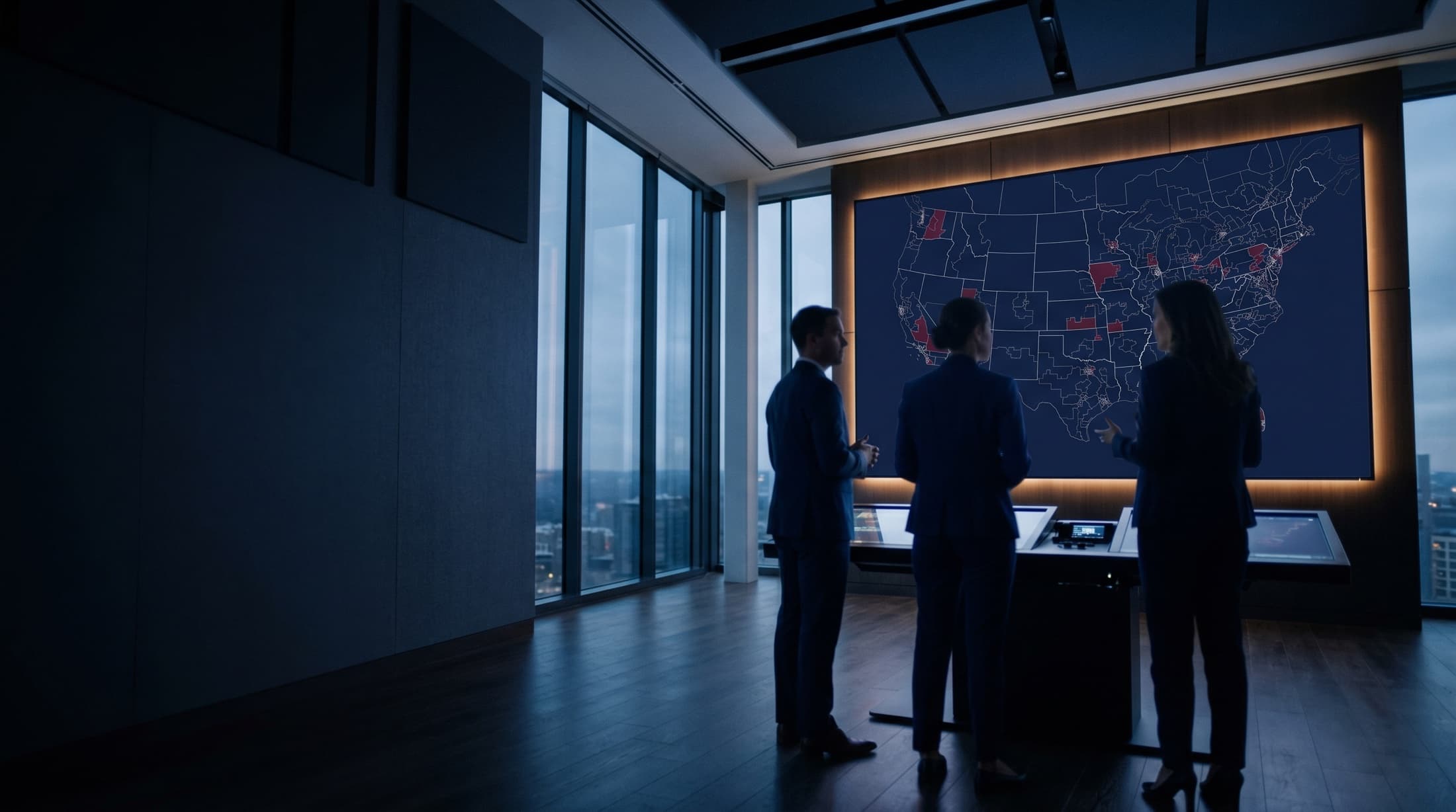 A nonpartisan national campaign command center — analysts at a wall of precinct dashboards